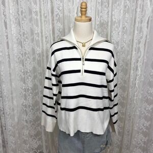 Cynthia Rowley‎ White Black Striped Quarter Zip Sweater Womens M Preppy Pullover